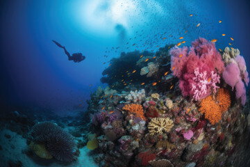 Plakat Two scuba divers diving in front of colorful and coral reef