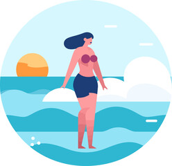 Woman in swimwear on a beach at sunrise vector illustration flat minimalistic style