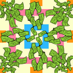 Money seamless pattern background for print design. Hundred dollars banknotes, a lot of cash for finance. economy, business theme for success. Hand drawn line illustration, cartoon style drawing.