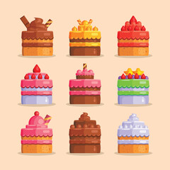 Cakes Front Design Vector Set, Chocolate, Strawberry, Pink, Cheesecake, Variants, 
