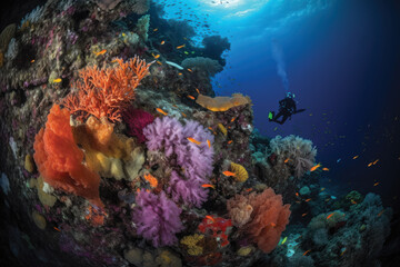 Fototapeta na wymiar Two scuba divers diving in front of colorful and coral reef