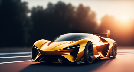 Fototapeta na wymiar Fast moving sports yellow, golden car with sunlight running at high speed. Sporty futuristic vehicle. high speed moving. Sunset sunny sky. Generative AI