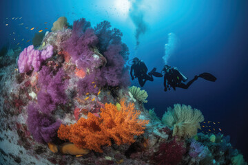 Two scuba divers diving in front of colorful and coral reef