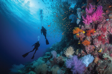 Two scuba divers diving in front of colorful and coral reef
