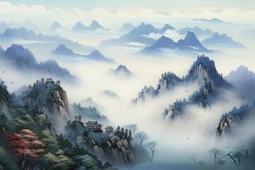 Chinese landscape in with a fairy garden, ink landscape painting created digitally Generative AI