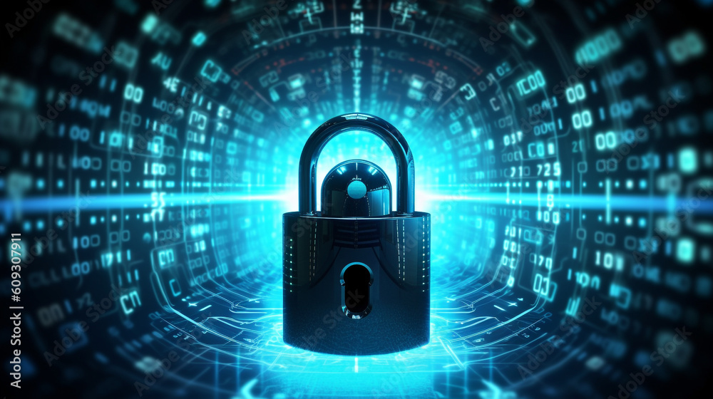 Poster concept of internet safety and personal data privacy as a shielded lock protecting a network against