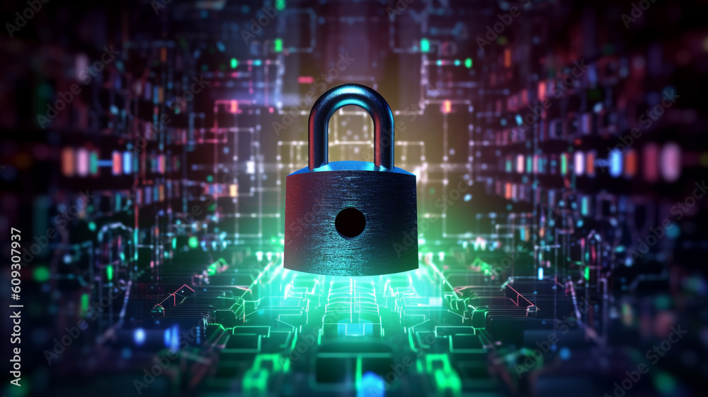 Poster Personal data privacy as a shielded lock protecting a network against hacker attacks, with binary code flowing in the background, Generative AI