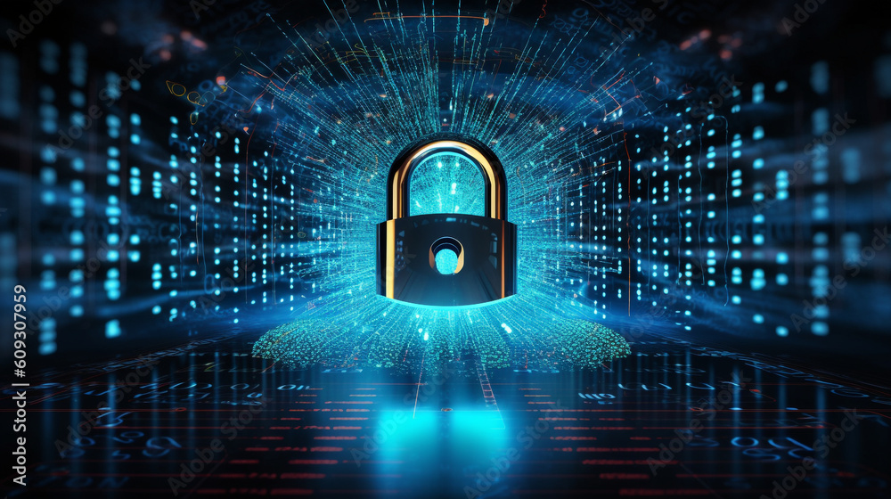 Poster concept of internet safety and personal data privacy as a shielded lock protecting a network against