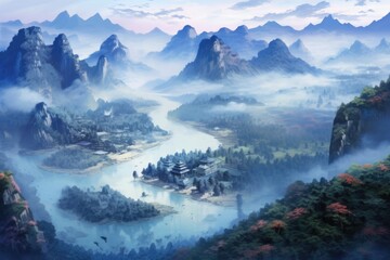 Obraz premium Chinese landscape in with a fairy garden, ink landscape painting created digitally Generative AI