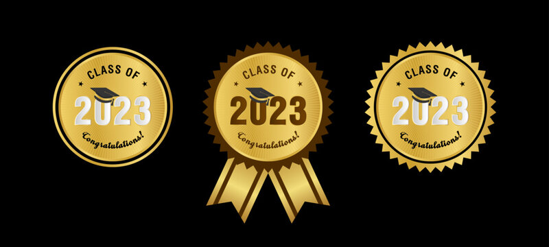 Class Of 2023 Congratulations Graduation Award Emblem Design Template. Gold Mortarboard Icon With Class Of 2023 Vector In Black Background