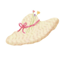 straw hat with wild flowers hand drawn water color illustration