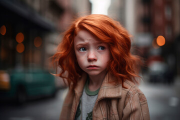 Fototapeta na wymiar AI generated portrait of candid authentic fright redhair little girl at urban street background