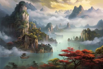 Tuinposter Chinese landscape in with a fairy garden, ink landscape painting created digitally Generative AI © EnelEva