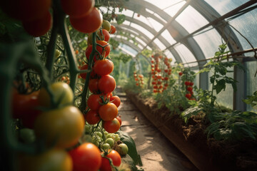Greenhouse with tomato bushes. Generative AI technology.