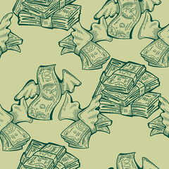 Money seamless pattern background for print design. Hundred dollars banknotes, a lot of cash for finance. economy, business theme for success. Hand drawn line illustration, cartoon style drawing.