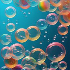 a bunch of bubbles floating on top of a blue surface, bubble background, underwater, bubbly scenery, foamy, bubbly underwater scenery, rainbow Générative IA