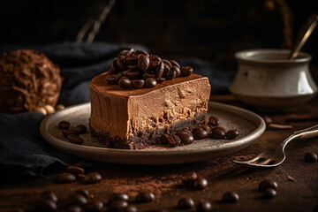 Slice of rich and creamy chocolate mousse cake with chocolate bubbles, cocoa powder on top. AI generated.