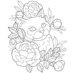 cute fluffy cat among flowers coloring book