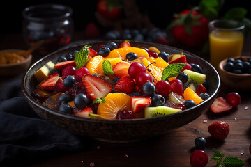 Refreshing bowl of fruit salad with seasonal fruits, strawberries, blueberries, watermelon, pineapple. AI generated - 609309990