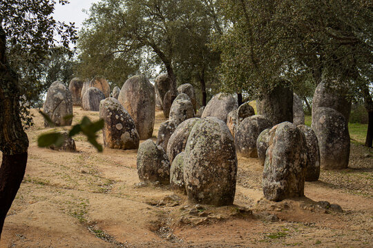 Megalithic site Almendres Cromlech, ancient stones in a circle in Portugal