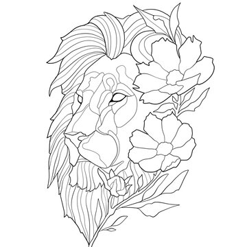 portrait of a lion with flowers in its mane coloring book
