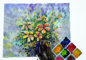 art  watercolor  painting  flower ,  activity at home , art and craft equipment 
