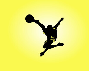 Fototapeta na wymiar Vector illustration of a shillouet salto soccer player on a yellow background, suitable for design images for posters, magazines, newspapers, content, electronics, flyers, icons, logos, and others