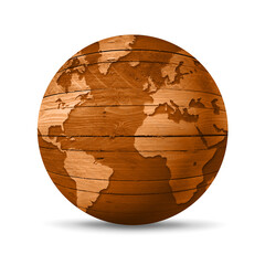 Old wooden world globe isolated on white background