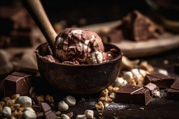Close up shot of scoop of rocky road ice cream studded with chunks of chocolate, marshmallows. AI generated