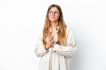 Young blonde woman isolated on white background scheming something