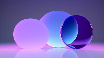 Naklejka premium 3d render, abstract geometric background, translucent glass with violet blue gradient, simple round flat shapes, Generative AI