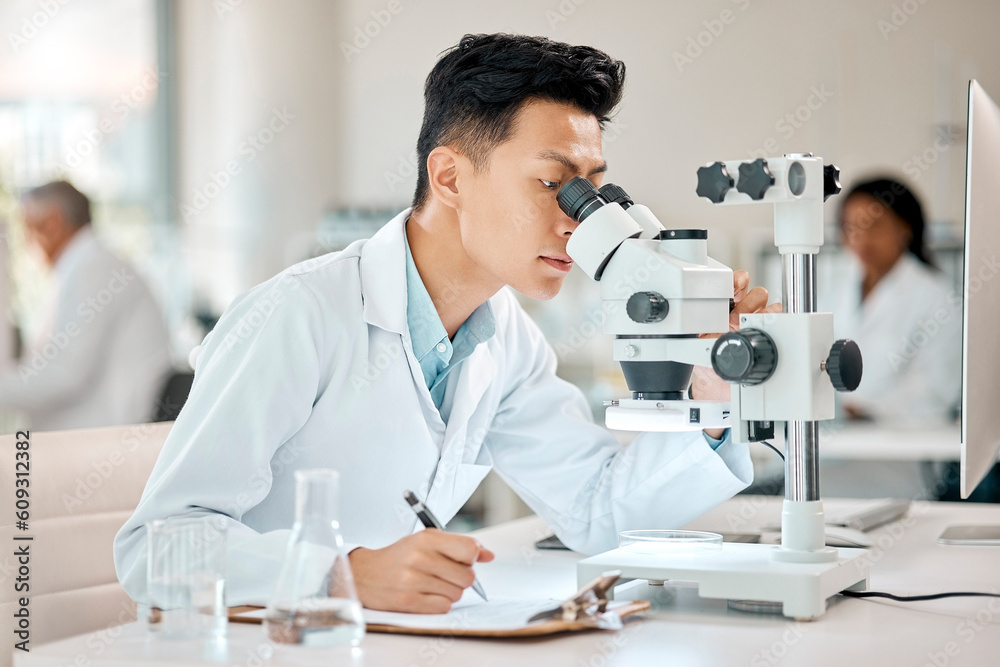 Poster science, notebook and microscope with an asian man doctor working in a lab for research or innovatio