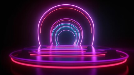 looping 3d animation, moving forward the endless podium with glowing rings. Abstract neon background, Generative AI