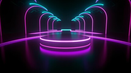 Fototapeta na wymiar looping 3d animation, moving forward the endless podium with glowing rings. Abstract neon background, Generative AI