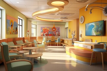 Image featuring a cheerful and colorful pediatric ward with playful decorations, child-sized furniture, and engaging artwork, creating a child-friendly and positive environment. Generative AI