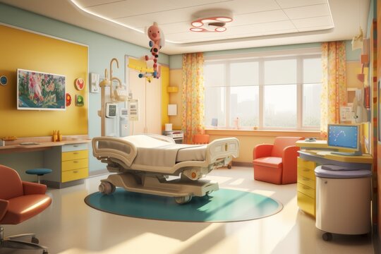 Image featuring a cheerful and colorful pediatric ward with playful decorations, child-sized furniture, and engaging artwork, creating a child-friendly and positive environment. Generative AI