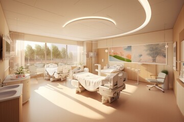 An image showcasing a well-appointed maternity ward with comfortable birthing suites, nurturing staff, and a supportive environment for expectant mothers. Generative AI