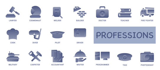 Set of Profession and Career icons in flat style icons. Blue light gradient.