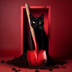black cat and red shovel