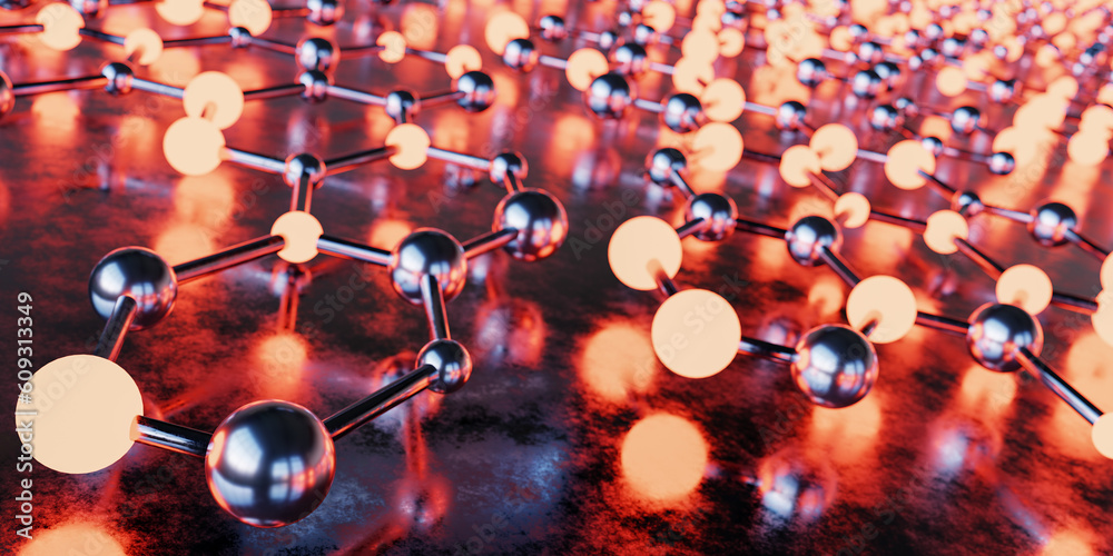 Poster orange geometric background 3d balls and connections link. abstract geometric pattern. wide web bann
