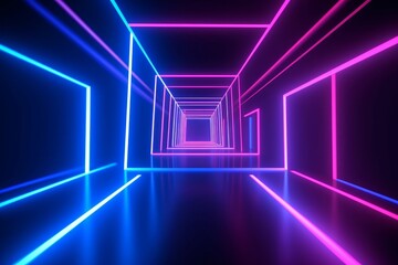 3d render, pink blue neon lines, geometric shapes, virtual space, ultraviolet light, 80's style, retro disco, fashion laser show, abstract background, Generative AI