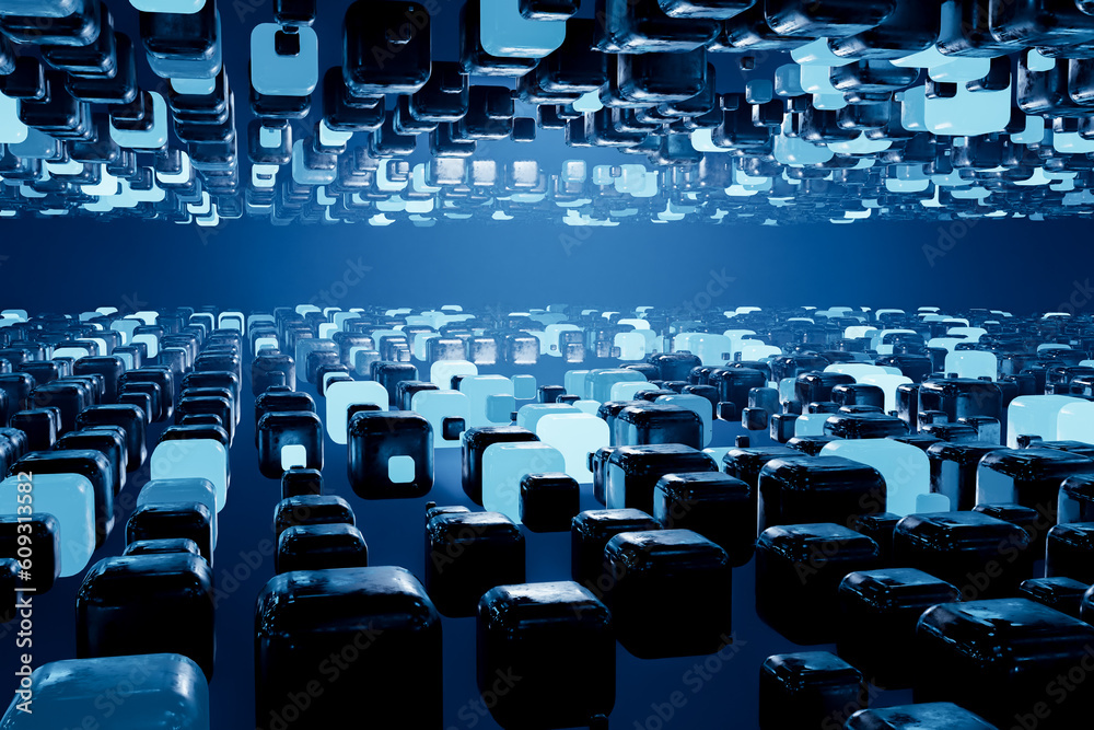 Poster abstract blue high tech background of 3d cubes. abstract geometric pattern. blue wide web banner. hi