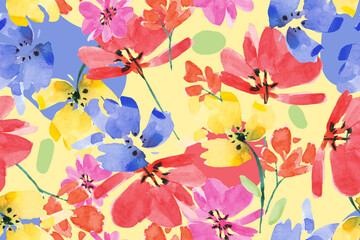 Seamless pattern flower with watercolor.Designed for fabric and wallpaper, vintage style.Hand drawn floral pattern illustration.Blooming flower painting for summer.Abstract background.