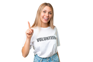 Young volunteer woman over isolated chroma key background showing and lifting a finger in sign of the best