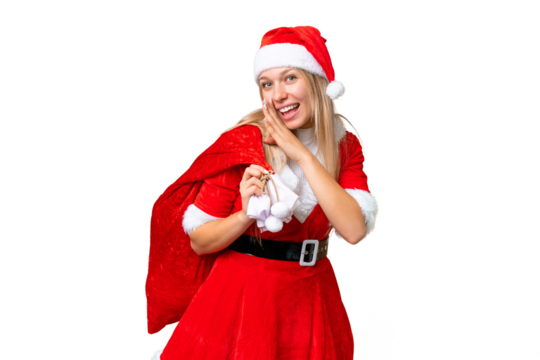 Young blonde woman with christmas hat over isolated chroma key background whispering something - Powered by Adobe