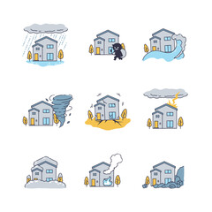 被害をうける家のイラストセット