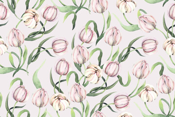 Seamless pattern of tulips and blooming flower with watercolor.Designed for fabric and wallpaper, vintage style.Hand drawn floral pattern.Botany background.