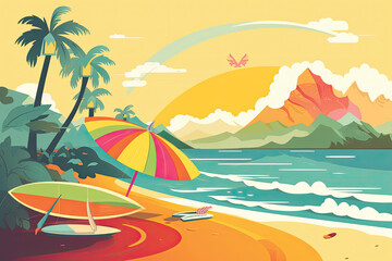 Fototapeta na wymiar Illustration of a beach with an umbrella and surfboards at sunset