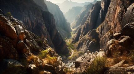 Steep canyon with jagged rocky cliffs rising on both sides of the narrow winding river. AI generated - obrazy, fototapety, plakaty