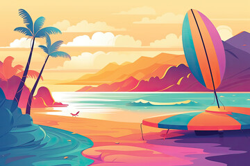 Illustration of a beach with an umbrella and surfboards at sunset